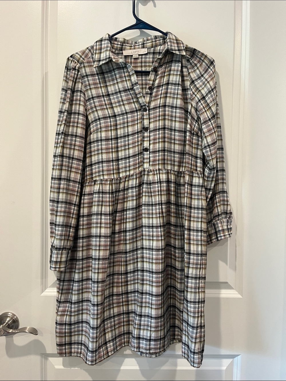 LOFT Cream and Brown Plaid Button-Up Casual Dress